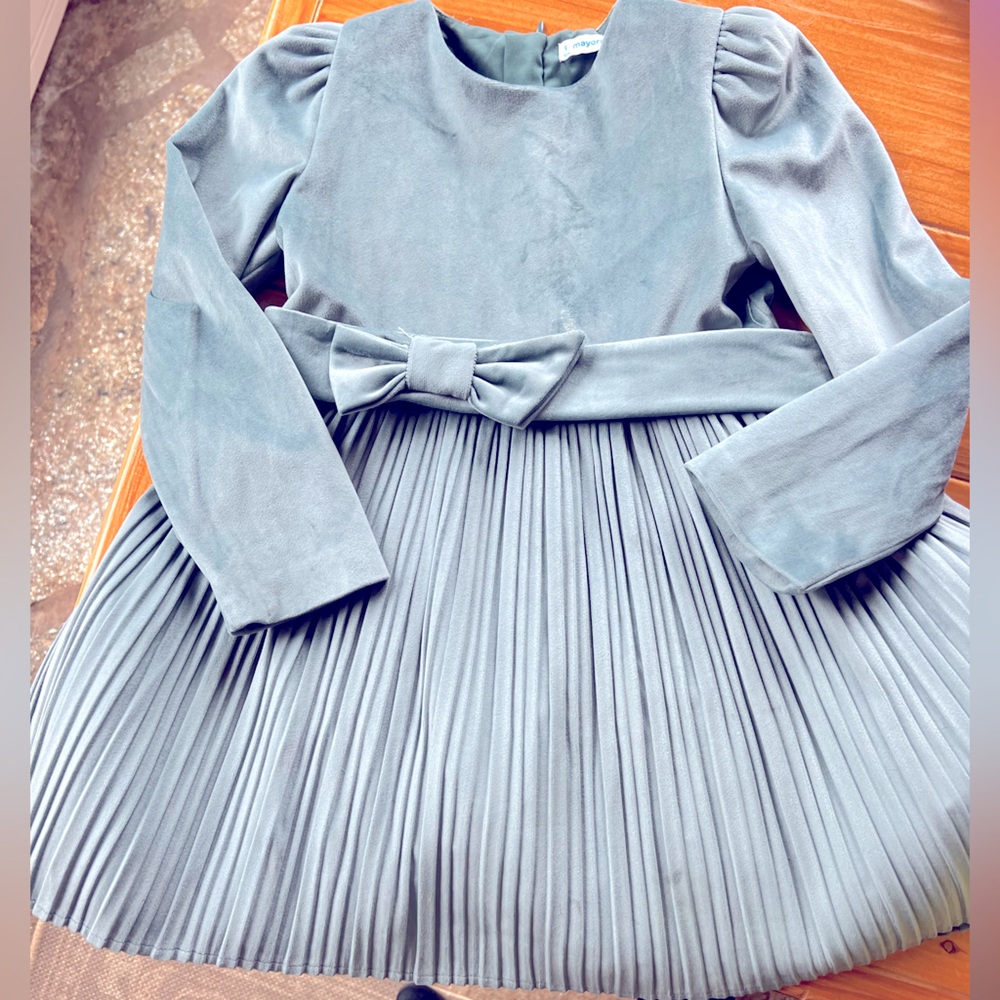 Light Green/Blue Velvet Girls Mayoral Dress with Sash